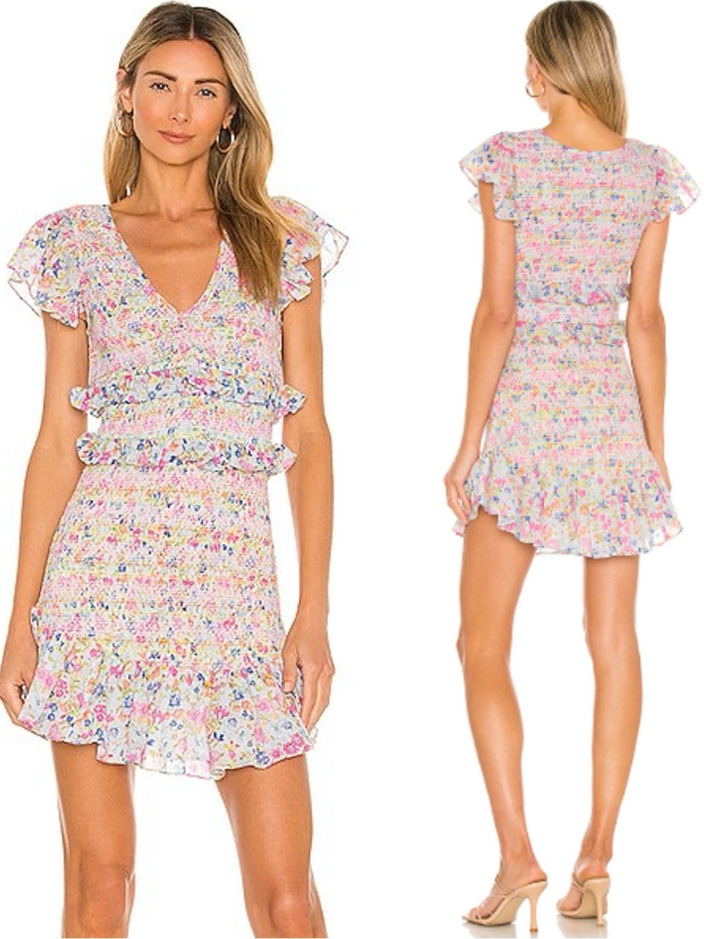 LoveShackFancy Pink Multi Floral Ruffle Mini Dress